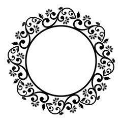 Oriental round frame with arabesques and floral elements. Floral black and white border with vintage pattern. Greeting card with place for text