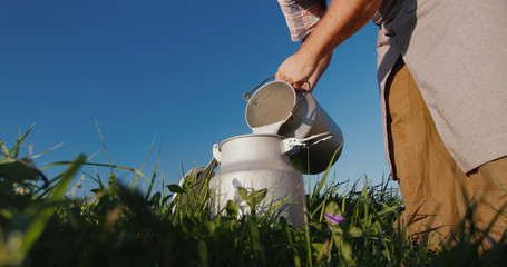The milkman pours milk into the can against the background of a green meadow