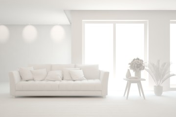 White minimalist living room with sofa. Scandinavian interior design. 3D illustration