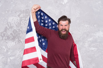 American hipster man celebrate independence day with national flag, social protest concept