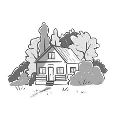 A house in the woods vector illustration. Black and white illustration