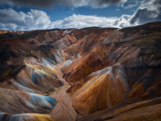 Colorful mountains at Landmannalaugar in Fjallabak natural reserve, Iceland. Beautiful nature landscape, aerial drone view from above