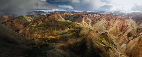 Colorful mountains at Landmannalaugar in Fjallabak natural reserve, Iceland. Beautiful nature landscape panorama, aerial drone view from above - obrazy, fototapety, plakaty