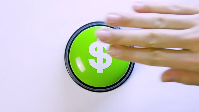 Business person pushing green glossy money button with dollar sign. Press button to earn big bucks. 4K video for payment system, financial institution, stock market, digital wallet, crediting, banks