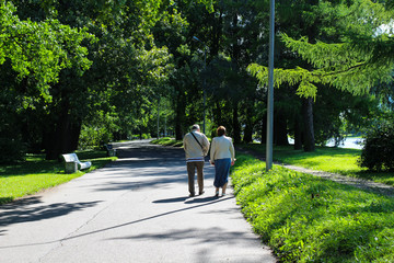 An elderly couple - a man and a woman, walk close to each other along the empty Yelagin alley of the St. Petersburg park.