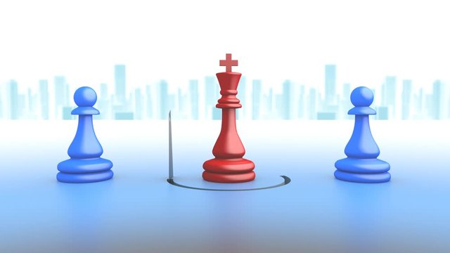 Strat&eacute;gie pour atteindre un objectif. Deux pions utilisent une nouvelle r&egrave;gle pour atteindre un objectif. Vid&eacute;o conceptuelle. Rendu 3D
