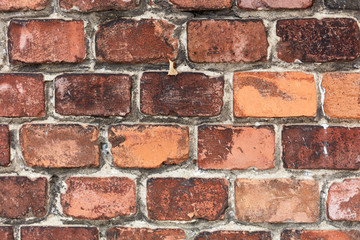Background of old brick wall. Soft focus. Front view.