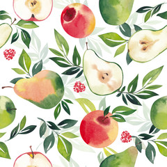 Watercolor pattern with pears and apples on a white background. Green leaves and berries complement the pattern and make it interesting.