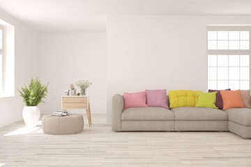 Fototapeta premium White living room with sofa. Scandinavian interior design. 3D illustration
