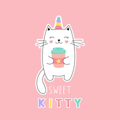 Sweet kitty unicorn, girlish print for t-shirt, sticker. Vector isolated illustration on a pink background.
