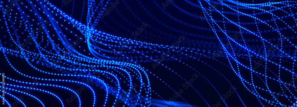 Poster Abstract flow of luminous particles on dark background. Movement of colored dots. Big data. 3D rendering
