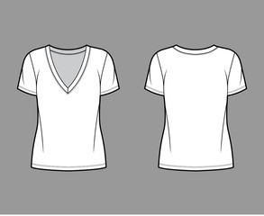 Cotton-jersey t-shirt technical fashion illustration with plunging V-neckline, short sleeves, tunic length, oversized. Flat outwear basic apparel template front back white color. Women men unisex top