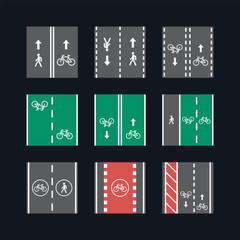 Bicycle and pedestrian road sign illustration set - square icons and pattern traffic markup signs - isolated vector