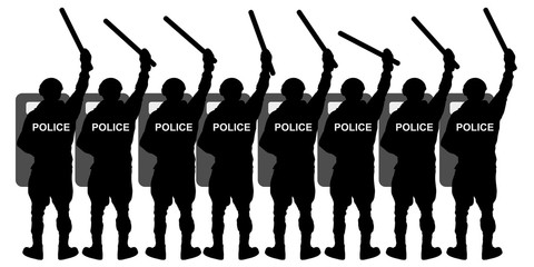 Crowd of riot police special forces with shields and batons. Silhouette vector illustration