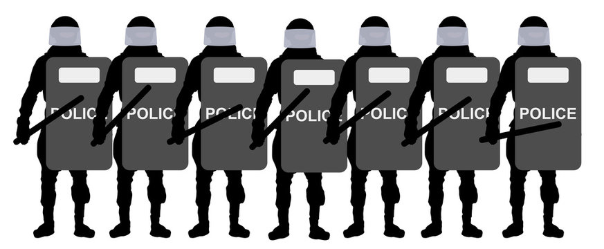 Detachment Of Riot Police With Shields And Clubs Stand In Line. Silhouette Vector Illustration