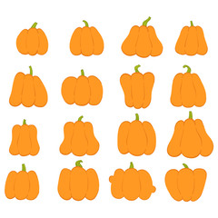 Cartoon halloween pumpkin. Orange pumpkins with carving scary smiling cute glowing faces. Decoration gourd vegetable or holiday spooky happy face, october nature vector isolated icon set