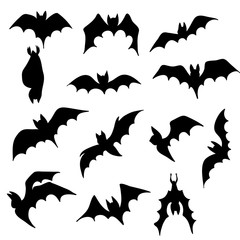 Set of evil bat flying for halloween card decor isolated on white, stock vector illustration
