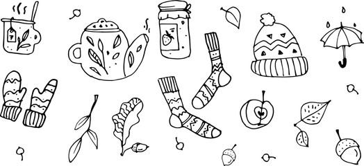 Autumn set with hand drawn elements. Fall season elements perfect for scrapbook, card, poster, invitation. Vector. black and white. 