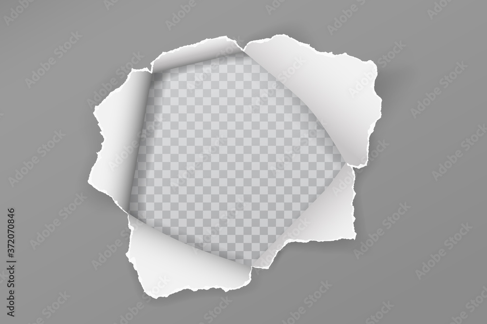 Poster torn grey paper hole with soft shadow, frame for text is on white squared, transparent background. v
