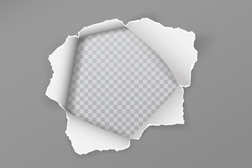 Torn grey paper hole with soft shadow, frame for text is on white squared, transparent background. Vector illustration