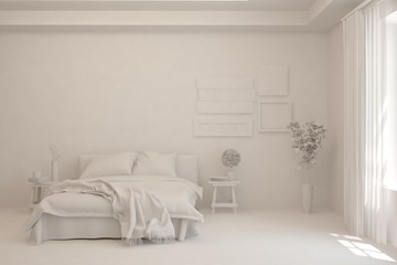 Modern bedroom in white color. Scandinavian interior design. 3D illustration