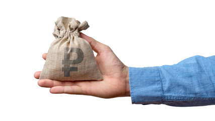 The hand holds the sack with the ruble sign.