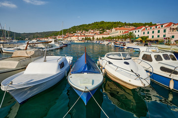Fototapeta na wymiar Croatia, island of Korcula, town of Vela Luka and small marina