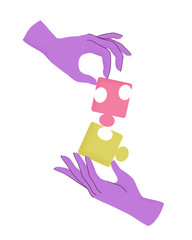 Vector illustration of cartoon human hands holding puzzle pieces with trendy grain textured shadow. Concept of teamwork, research, cooperation, business. Arms connecting elements of jigsaw isolated