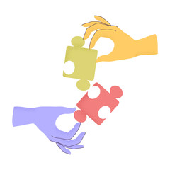 Vector illustration of cartoon human hands holding puzzle pieces with trendy grain textured shadow. Concept of teamwork, research, cooperation, business. Arms connecting elements of jigsaw isolated