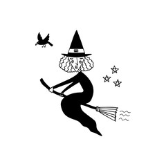 Halloween vector illustration of witch flying on the broom on white background. Drawn by hand spooky vector for halloween decorations. Postcards designs.