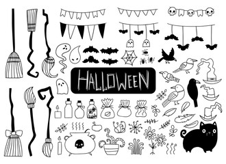 Big halloween set of spooky elements on white background. Drawn by hand doodle halloween elements. Witchcraft, ghost, broom, bat, hat, potion, raven. Good for different decorative designs.