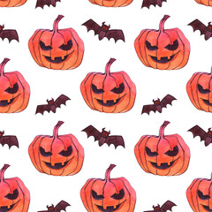 Seamless watercolor halloween pattern with bats and pumpkins on a white background.