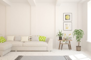 White living room with sofa. Scandinavian interior design. 3D illustration