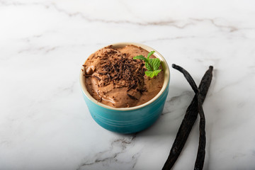 Homemade Chocolate mousse with mint in a ramekin