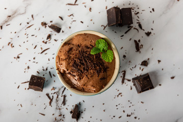 Homemade Chocolate mousse with mint in a ramekin