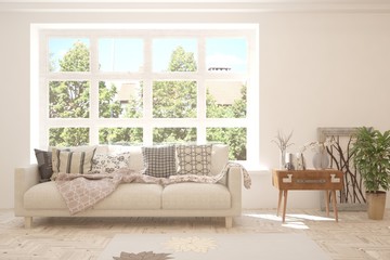 White living room with sofa and summer landscape in window. Scandinavian interior design. 3D illustration
