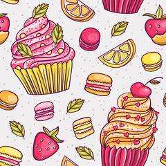 Modern seamless sweets, great design for any purposes. Colorful background. Vector doodle background.