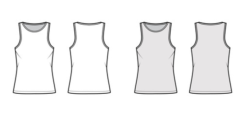 Cotton-jersey tank technical fashion illustration with relaxed fit, elongated hem, crew neckline. Flat outwear basic apparel template front, back, white grey color. Women, men, unisex shirt top mockup