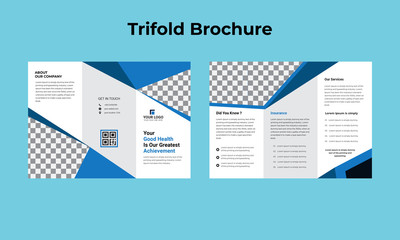 Business tri fold brochure design. Teal tri fold flyer. Layout with modern shaped photo and abstract background. Creative concept folded flyer or brochure.