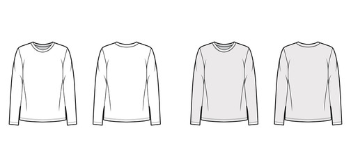 Cotton-jersey shirt technical fashion illustration with relaxed fit, crew neckline, long sleeves. Flat outwear basic apparel template front, back, white, grey color. Women, men, unisex top CAD mockup