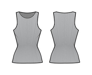 Ribbed cotton-jersey tank technical fashion illustration with slim fit, elongated hem, crew neckline. Flat outwear top apparel template front, back grey color. Women, men unisex shirt knit CAD mockup