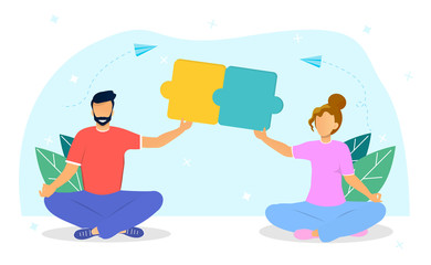 Man and woman practising yoga together outdoors at nature. Flat vector illustration