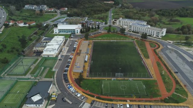 Aerial View of Sports Soccer Football Field. Portugal Drone Footage