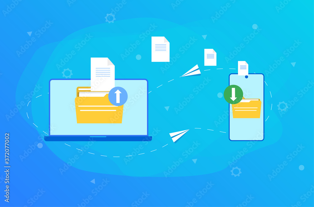 Poster vector illustration concept of file transfer. data download and upload between gadgets in internet