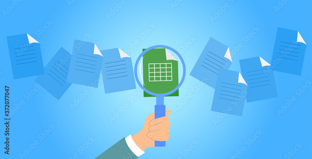 Aufkleber vector concept of document search. concept of paperwork and database in business company