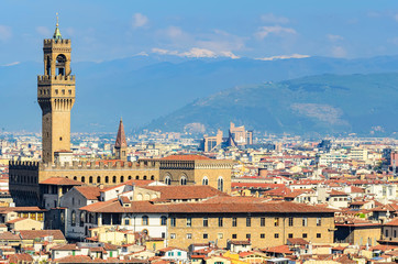 Fototapeta na wymiar Panoramic view of the historic part of Florence. Palazzo Vecchio (Old Palace) Fortified, 13th-century palace lavishly decorated chambers & ornate courtyards. Florence, Italy