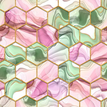 Fototapeta Hexagon seamless texture. Abstract pink and green trendy background