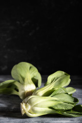 Fresh green bok choy or pac choi chinese cabbage on a gray wooden background. Dark, moody. Side view, copy space, selective focus.