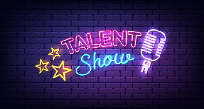 Talent show banner, poster, neon sign with stars and microphone, bright signboard, advertising or invitation, event, vector illustration