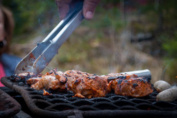 Old grill and roasted meat - obrazy, fototapety, plakaty